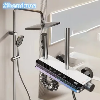 แสงโดยรอบร้อนเย็นเปียโนดิจิตอลห้องน้ําชุดฝักบัวน้ําตกห้องน้ําก๊อกน้ําระบบ 12 นิ้ว Rain Shower Head 1