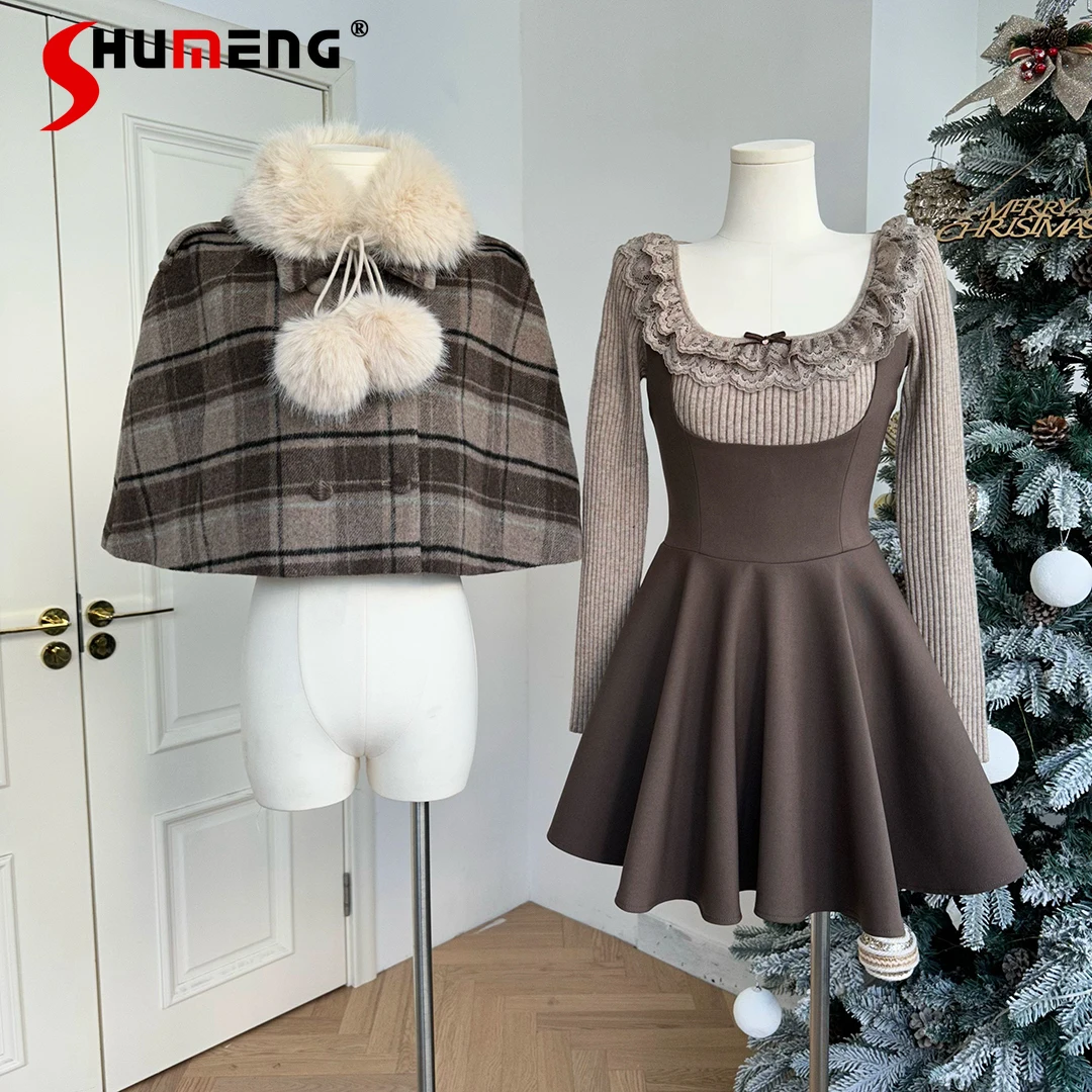 

Spring and Autumn New Khaki Fur Collar Cape Coat and Thickened Strap Dress Inner Knit Shirts Suit 3 Pieces Sets Women Outifits