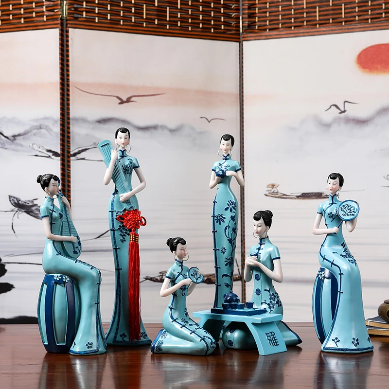 Chinese style cheongsam lady new Chinese high-end decoration art home entrance wine cabinet bogu rack living room ornament