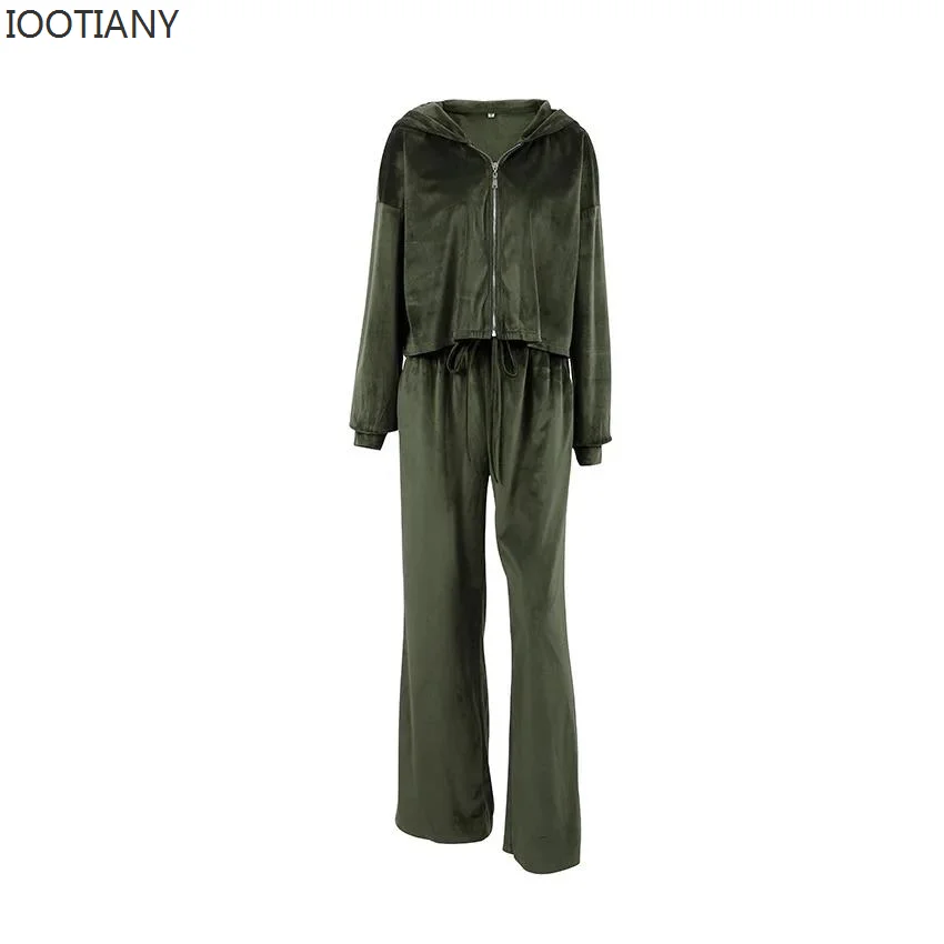 2023 Autumn/Winter Velvet Women's Set Hooded Long Sleeve With Zipper Coat High Waist Drawstring Lace-up Wide-leg Pants