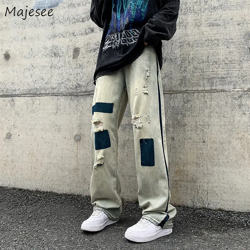 

Ripped Jeans Men Blue Streetwear European Designer American Handsome Retro Denim Trousers All-match Teens Fashion Unisex Hipster