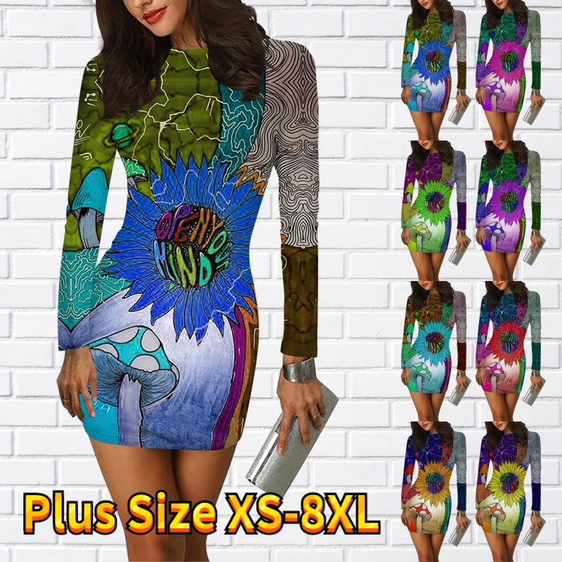 

2023 Sexy Party Skirt Fall Women's Crew Neck Long Sleeve Skirt Elegant Slim Dress Winter 3D Printed Tight Skirt Vintage Dress