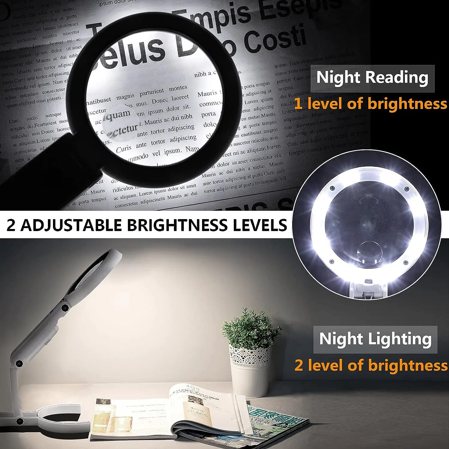 11x 5x Magnifying Glass With Light And Stand Foldable Handheld Desk Magnifier Dimmable For Close Work Macular Seniors Reading_voghion.com