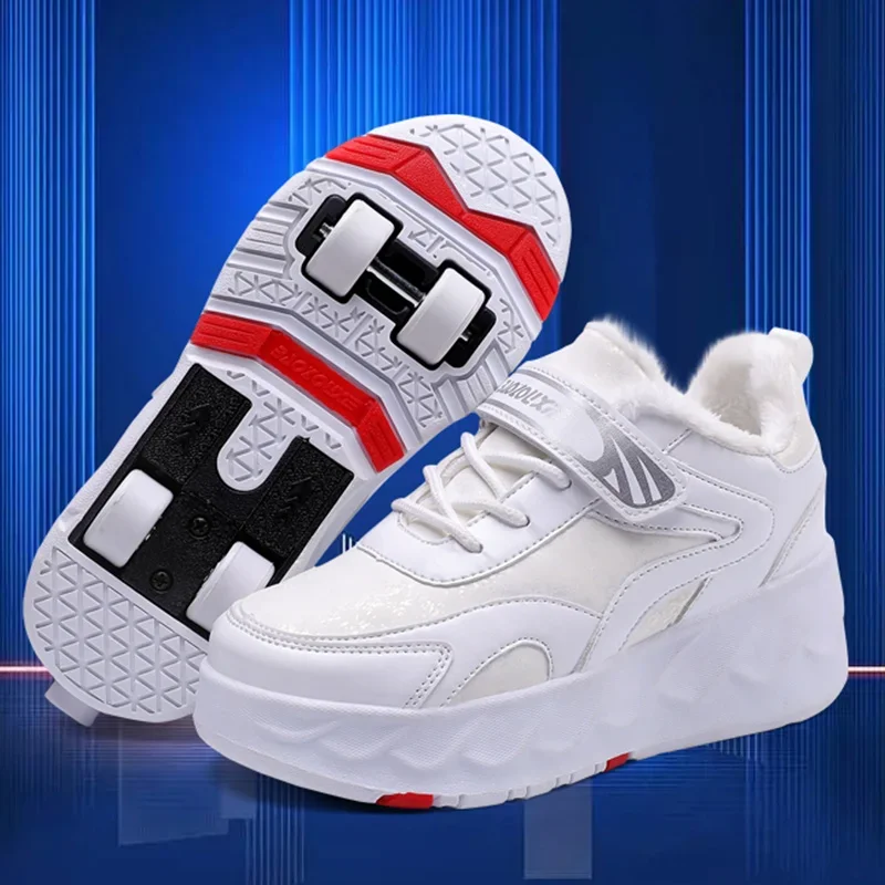 

Children Outdoor Roller Shoes Black White Inline Skates Winter Fur Inside Kids Thermal Cotton Roller Skates Sneakers M852