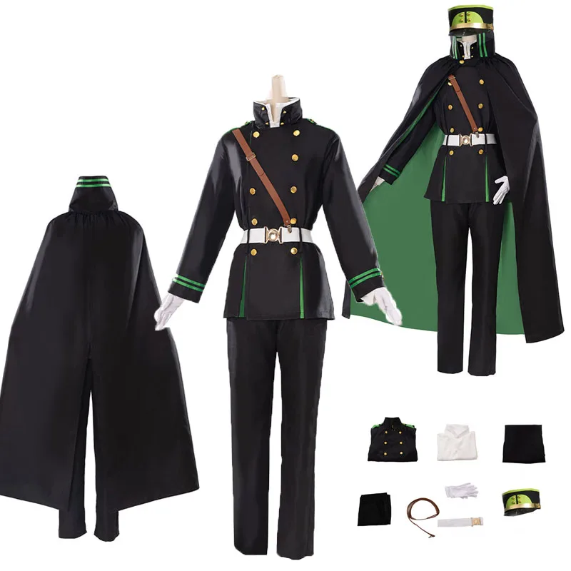 

Yuichiro Hyakuya Cosplay Costume Anime Seraph of the end Outfits Men Green Cloak Male Balck Coat Pants Cap Halloween Suit