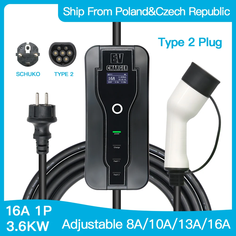 Caricabatterie Portatile Ev Type2 Iec62196-2 16A Evse Cavo Di Ricarica Type1 Sae J1772 Eu Plug Controller Wallbox Per Auto Elettrica