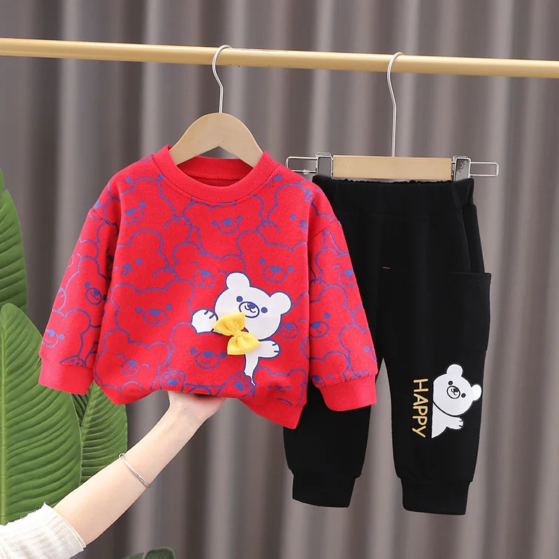 Children's Korean Set Boys' New Printed Cartoon Little Bear Pullover Set 0-5Y Girls' Casual Long sleeved Sports Two Piece Set