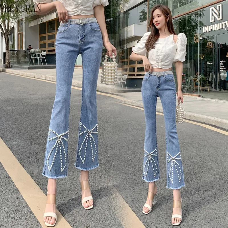 

2022 Vintage Skinny High Waist Flare Jeans Women Slim Fit Bow Pearl Beading Stretch Ankle-Length Denim Pants Blue Tassel Jeans