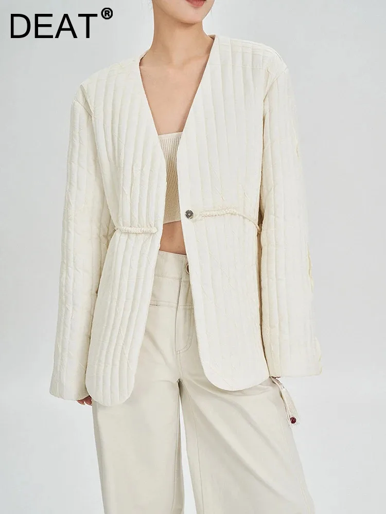

DEAT Fashion Women's Cotton-padded Coat Collarless Single Button Stripe Loose Cottn Parkas Jackets Winter 2023 New Tide 7AB2334