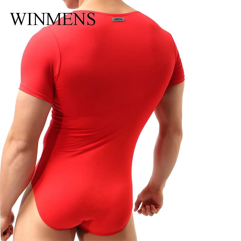 Adult Men's V-neck Modal Jumpsuit Solid Short Sleeve Zipper Bodysuit Male One Piece Close-fitting Pajamas Home Lounge Wear