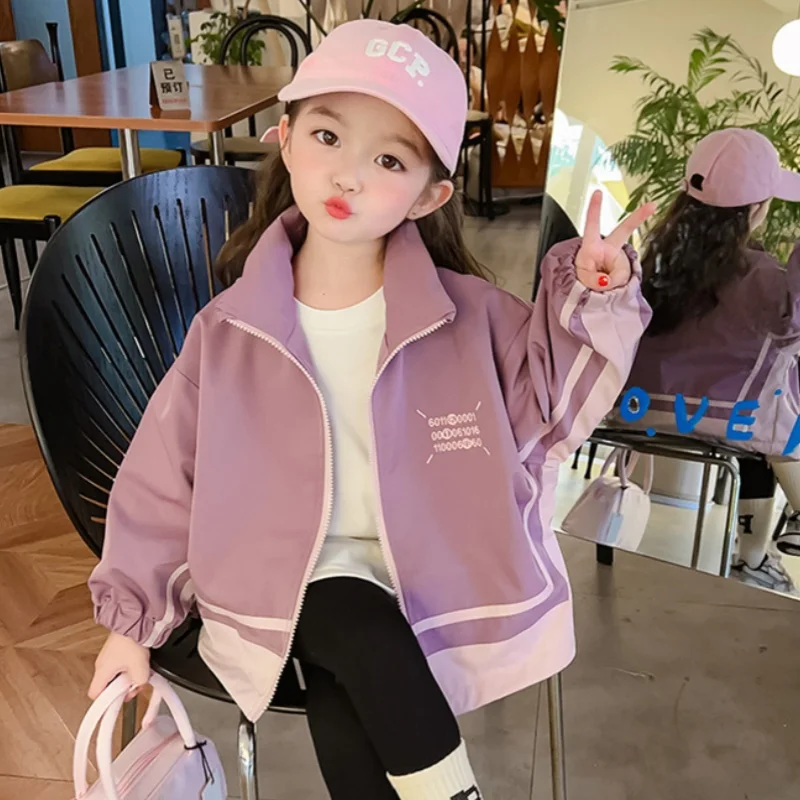 여아 코트 오버코트 재킷 바람막이 아우터, 2024 가디건 용수철, 가을 면 의상, 스포츠 청소년 아동복