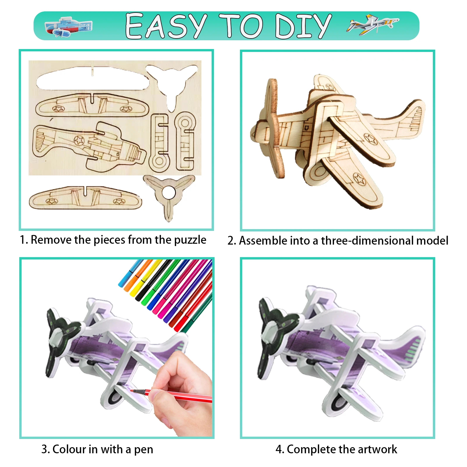 Children's 22-Piece DIY Wooden Airplane Puzzle & Painting Set