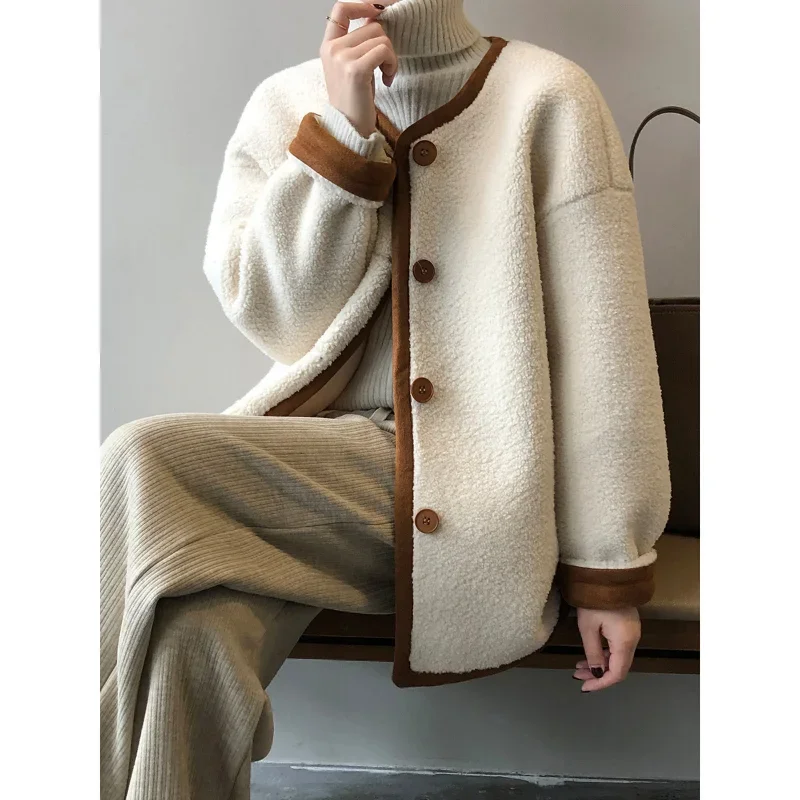 French Lamb Wool Color Matching Coat Women's Winter Korea Simple Casual Basic Long Sleeve Chic Loose Double Faced Fur Coat Lady