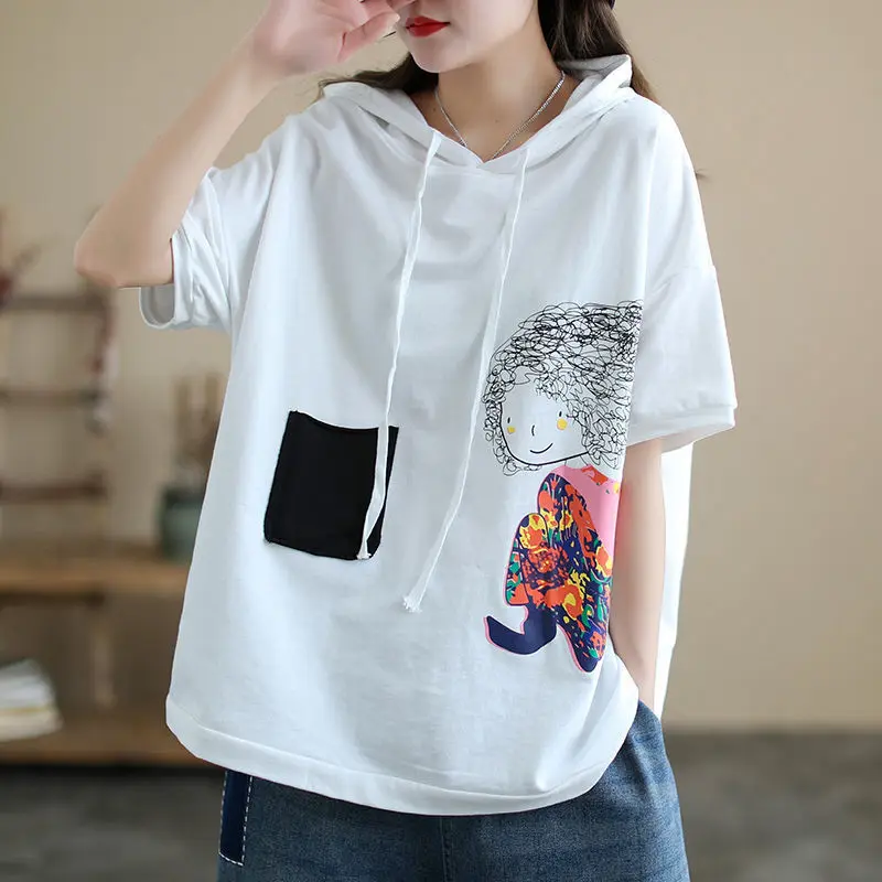 2023 New Summer Fashion Trend Hooded Patchwork Pocket Print Loose Casual Slimming Sports Short Sleeved Women's Oversized T-shirt