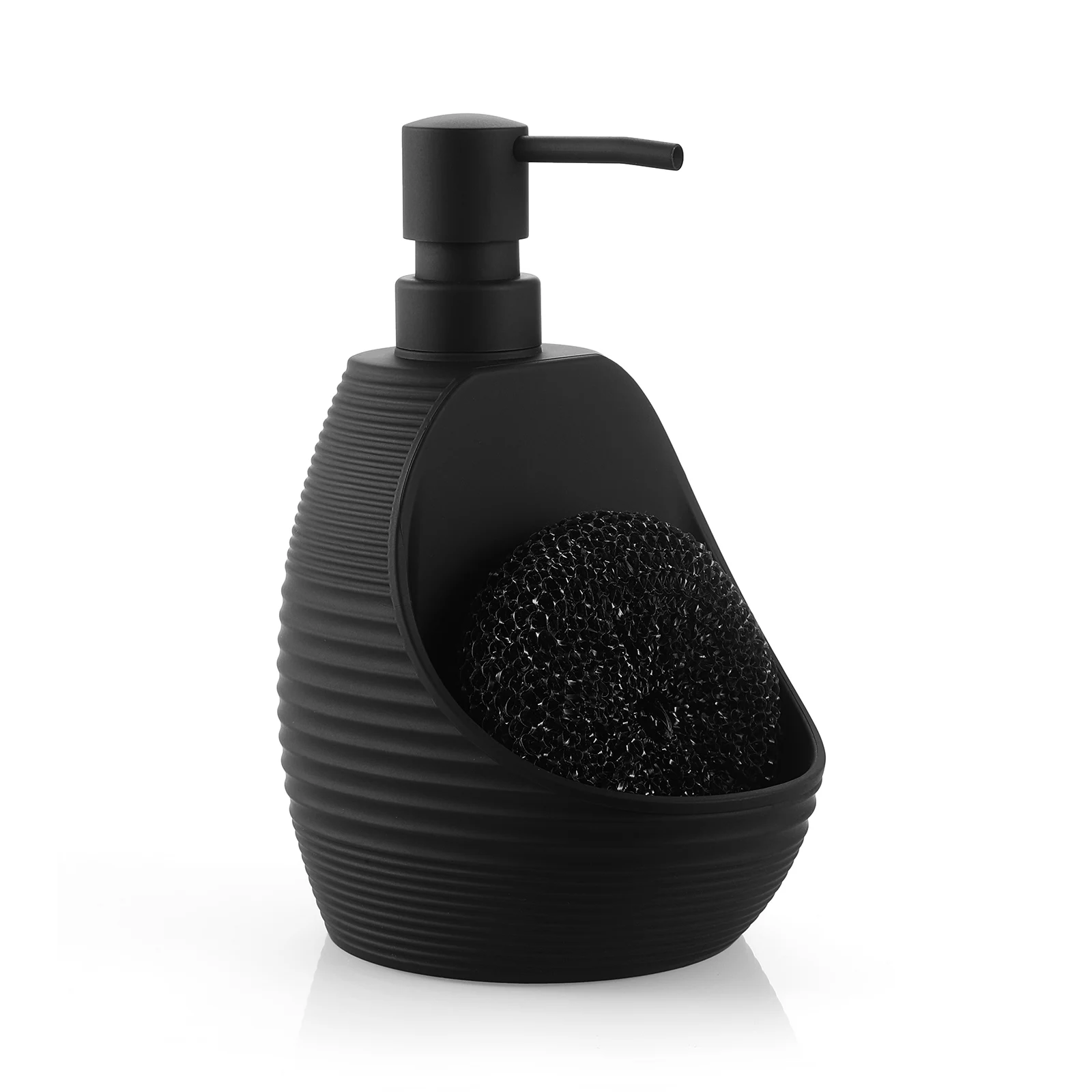 2-in-1 Modern Kitchen Soap Dispenser with Sponge Holder Nylon Scrubber Matte Stripe Black