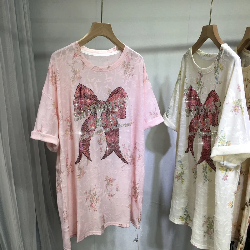 

Новинка весна-лето 2024, женская футболка с коротким рукавом, милые Лидер продаж, легкие кружевные рубашки с бантом, пуловер средней длины с круглым вырезом, Топ