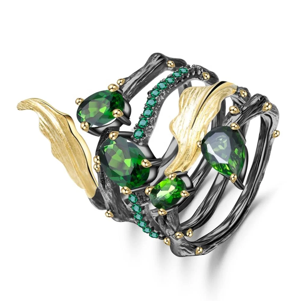 

Leaf Natural Chrome Diopside Gemstone Gold Plated 925 Sterling Silver Rings Women