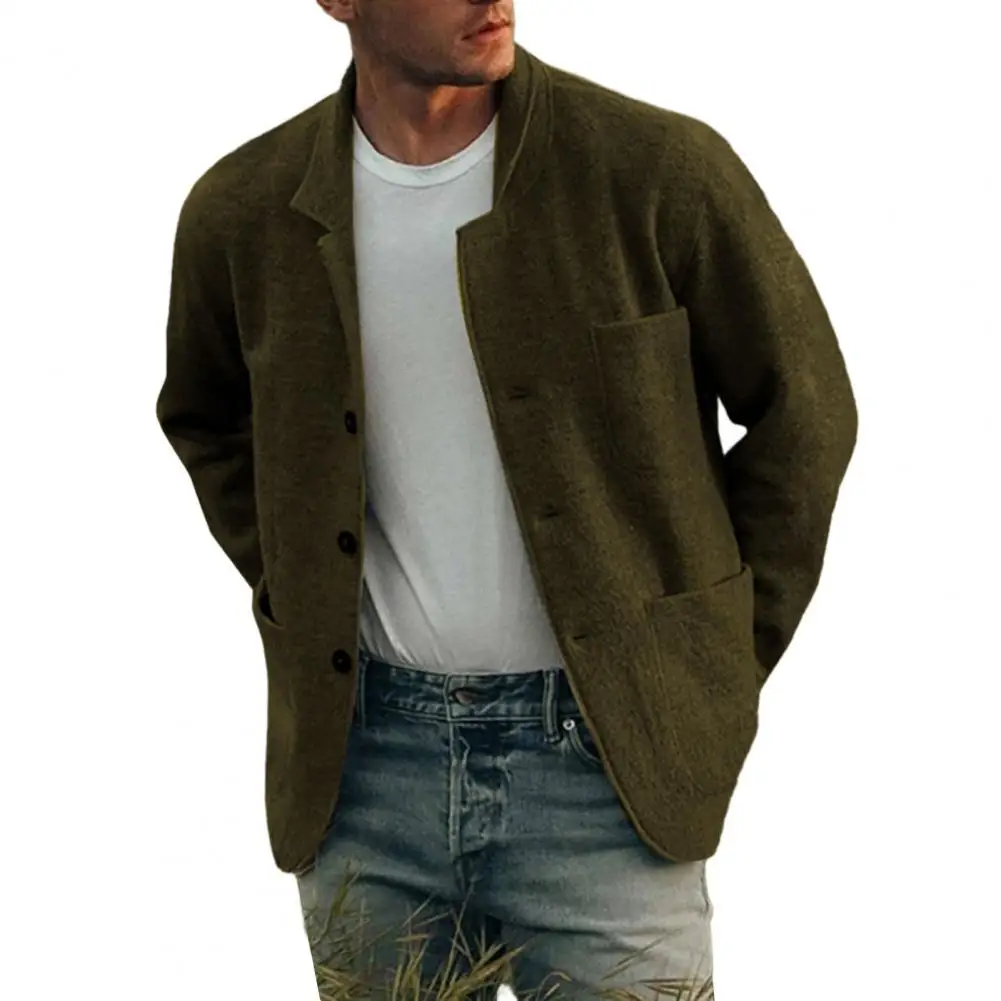 

Single-breasted Men Jacket Stylish Men's Lapel Woolen Coat Warm Single Breasted Jacket with Multi Pockets for Autumn/winter