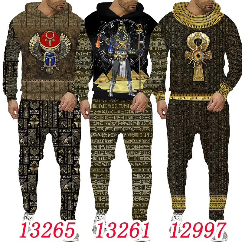 S-6XL Mărime mare 3D Jachetă pentru bărbați cu imprimeu egiptean Hanorac cu pantaloni Set Trening pentru bărbați Iarnă și toamnă Sport Umăr bărbătesc_voghion.com