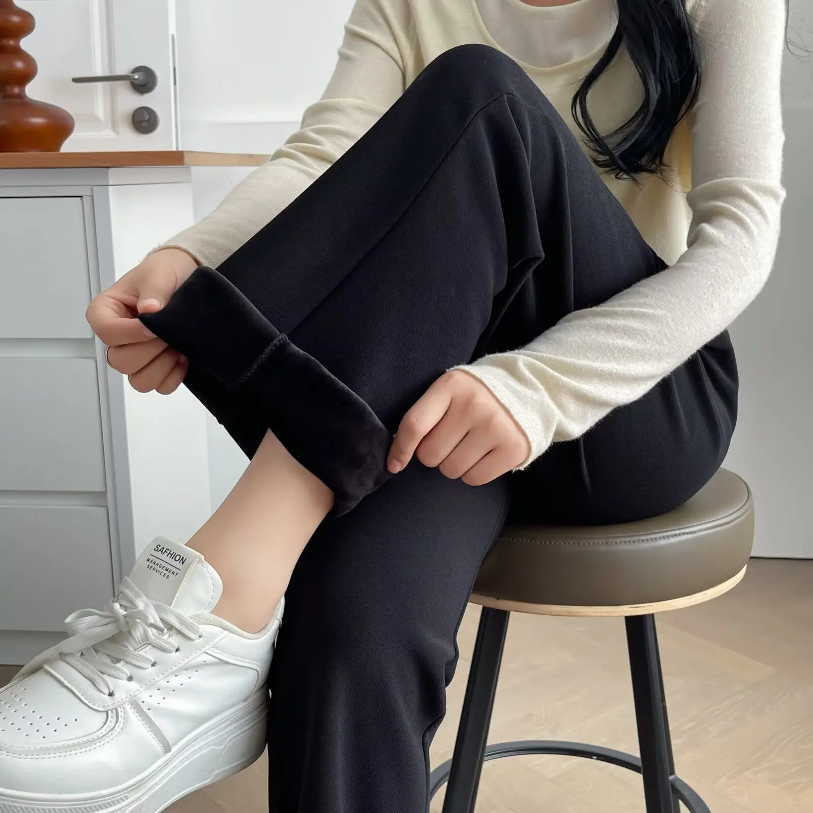 XXXXL Fashion Plus Size Women's Straight Leg Pants 2025 Autumn/Winter New Basic Commuting Fleece Warm Casual Trousers 5139