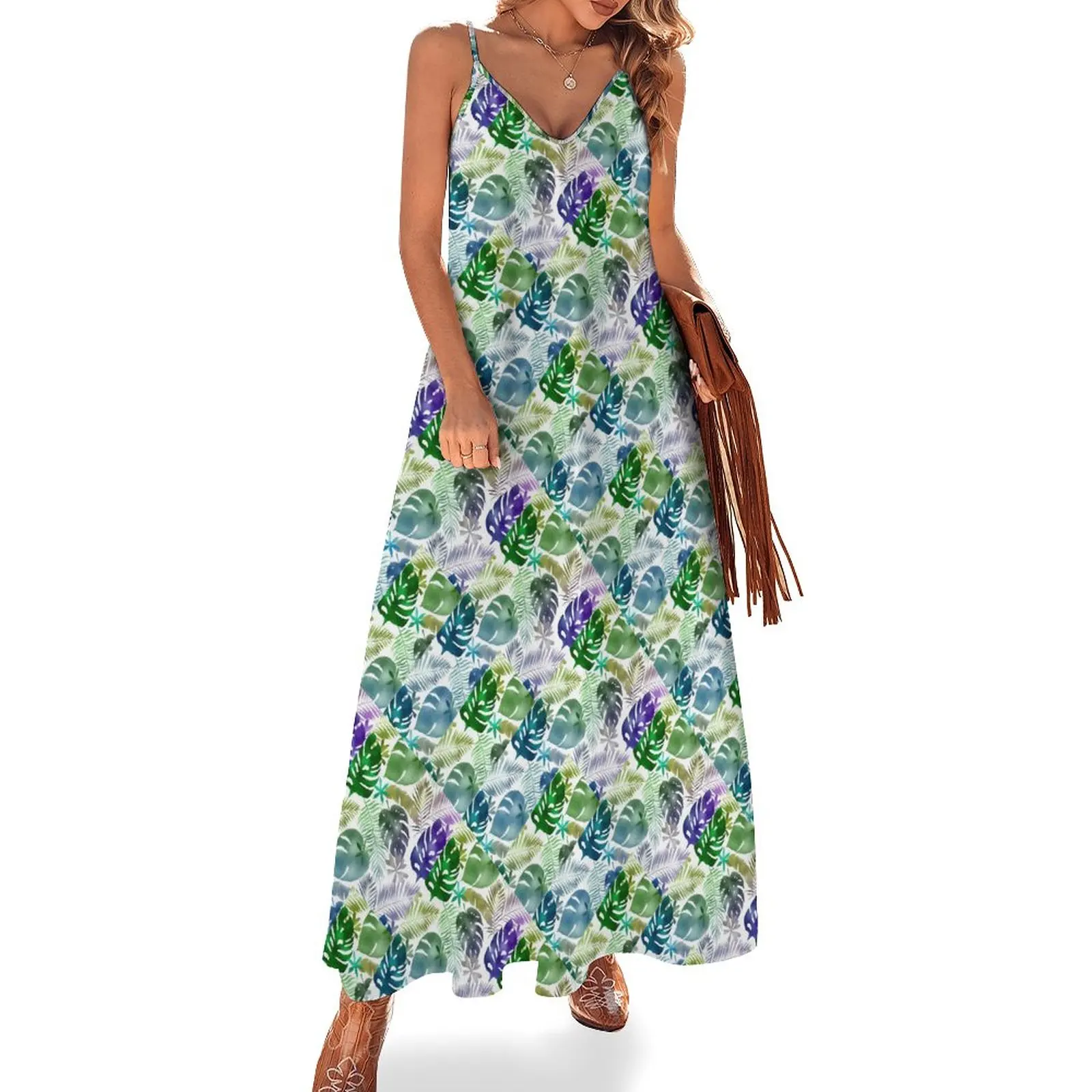 

Purple Tropical Dress Palm Leaves Trendy Maxi Dress Spaghetti Straps Aesthetic Boho Beach Long Dresses Holiday V Neck Vestidos