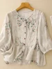Retro Cotton Linen Floral Print 7/8 Sve irt Women's Summer New Sle V-ne Anti-aging Doll irt Linen Top