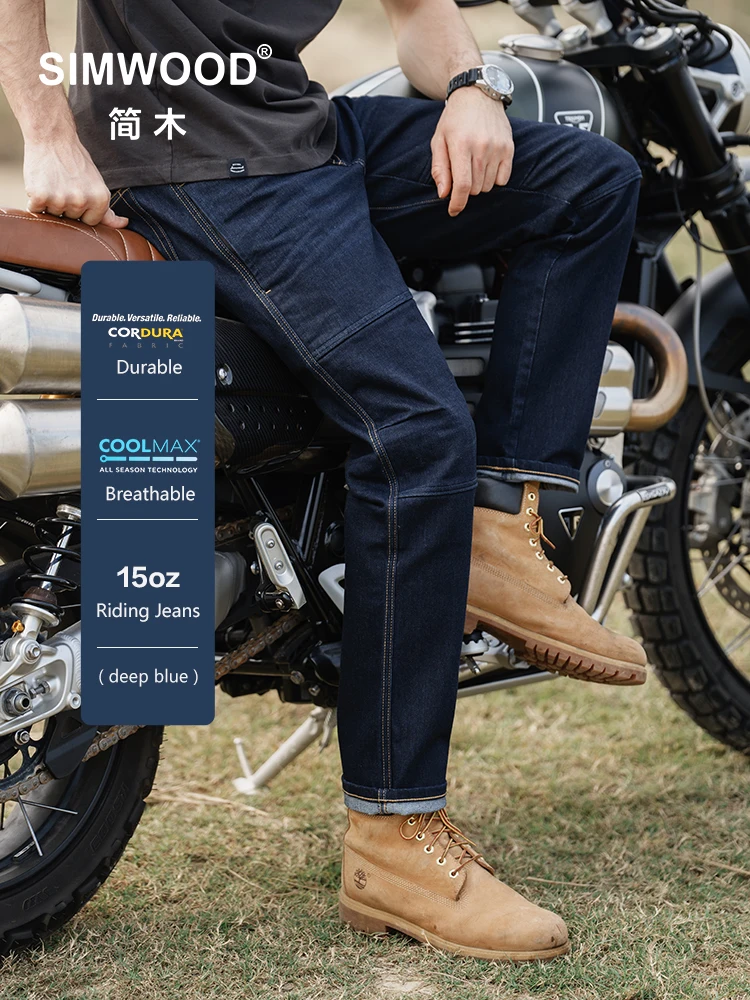 

SIMWOOD 2023 Autumn New Regular Straight 15 Oz Cordura Riding Jeans Men Plus Size Denim Trousers Brand Clothing