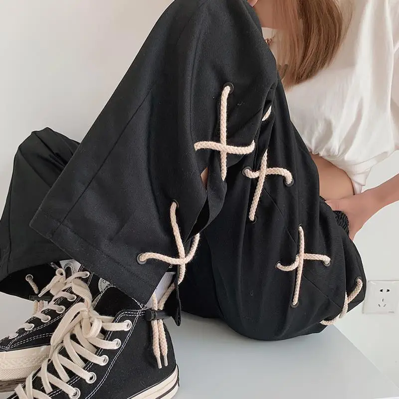 

Брюки до щиколотки раздельные Techwear, уличная одежда для скейтборда, мужская одежда оверсайз, модные боковые брюки с широким кружевом в стиле Харадзюку