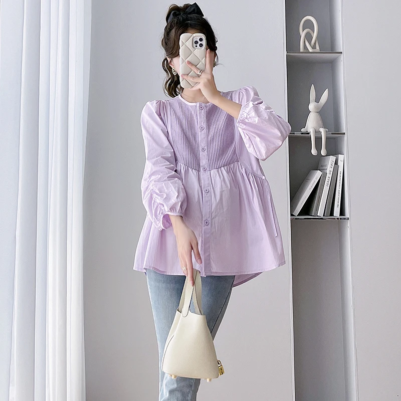 Autumn Maternity Fashion Loose Shirts Drawstring Long Sleeve O-neck Button Fly Pregnant Woman Pleated Blouses Purple White maternity tops