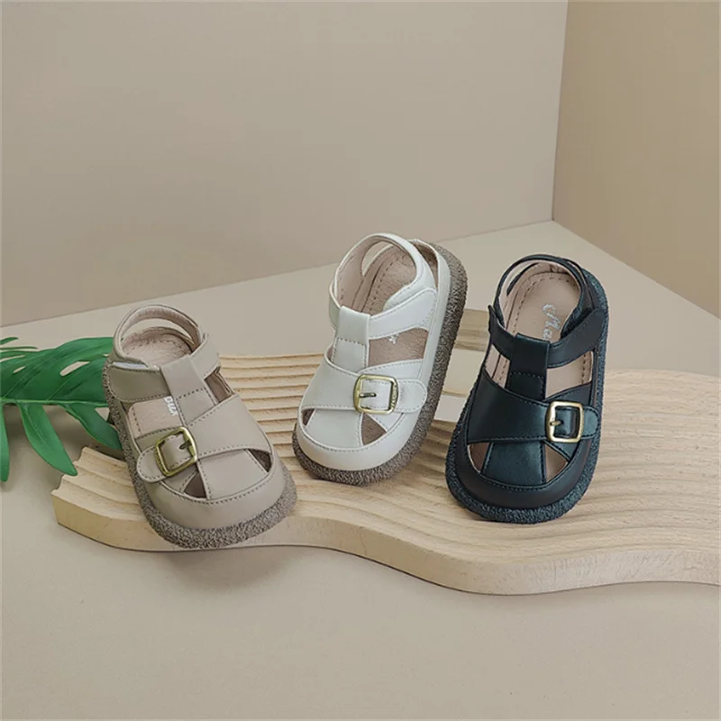 New Summer Baby Shoes Leather Cut-outs Buckle Soft Sole Boys Sandals Closed Toe Non-slip Fashion Toddler Girls Sandals
