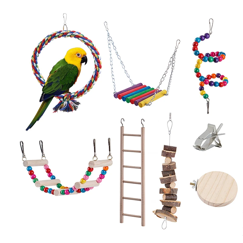 

Combination Bird Toys Set Swing Chewing Training Toys Small Parrot Hanging Hammock Parrot Cage Bell Perch Toys with Ladder Toys