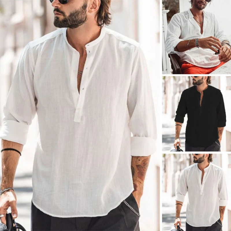 

New Men's Clothing Solid Color Loose Single Breasted Stand Collar Cotton Long Sleeve Blouse Linen Shirts Men Camisas De Hombre
