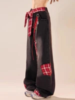 Korean Large Size Women's Black High Waist Strap Irregular Plaid Splicing Jeans Retro Loose Leisure Fashion Versatile Trousers - Image 4