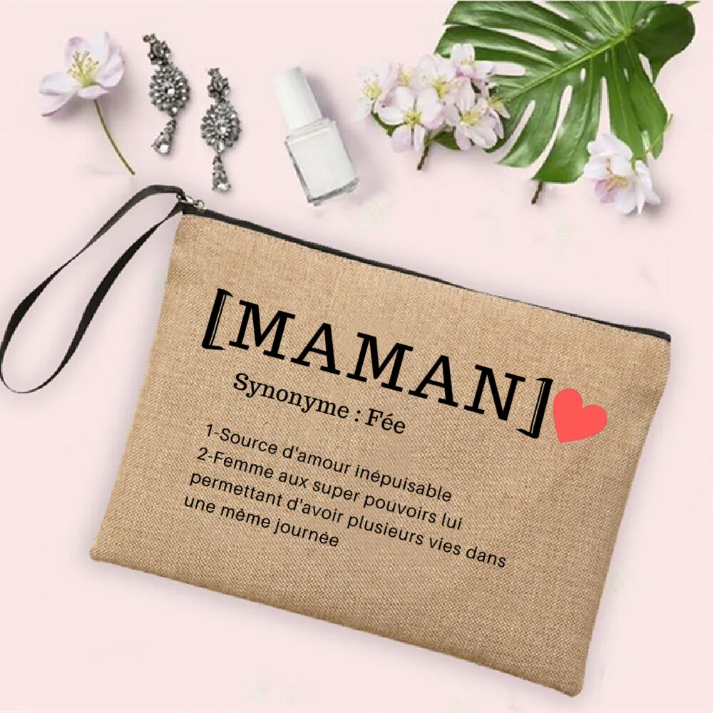 Women Cosmetic Bag Neceser Makeup Bags Maman Tata Soeur Amie Definition Print Linen Zipper Pouch Travel Toiletry Organizer Gifts 2