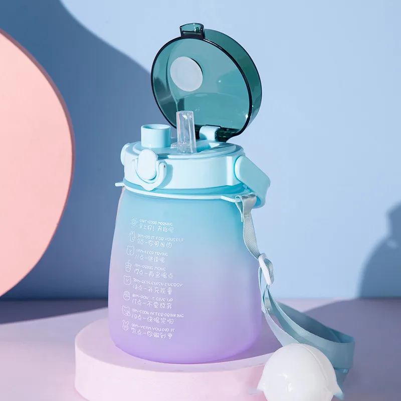 Plastic Water Bottle1.3L With Time Marker Strap Straw Leak Proof Cup Portable Fitness Gym Camping Outdoor Sports Bottle Bpa Free