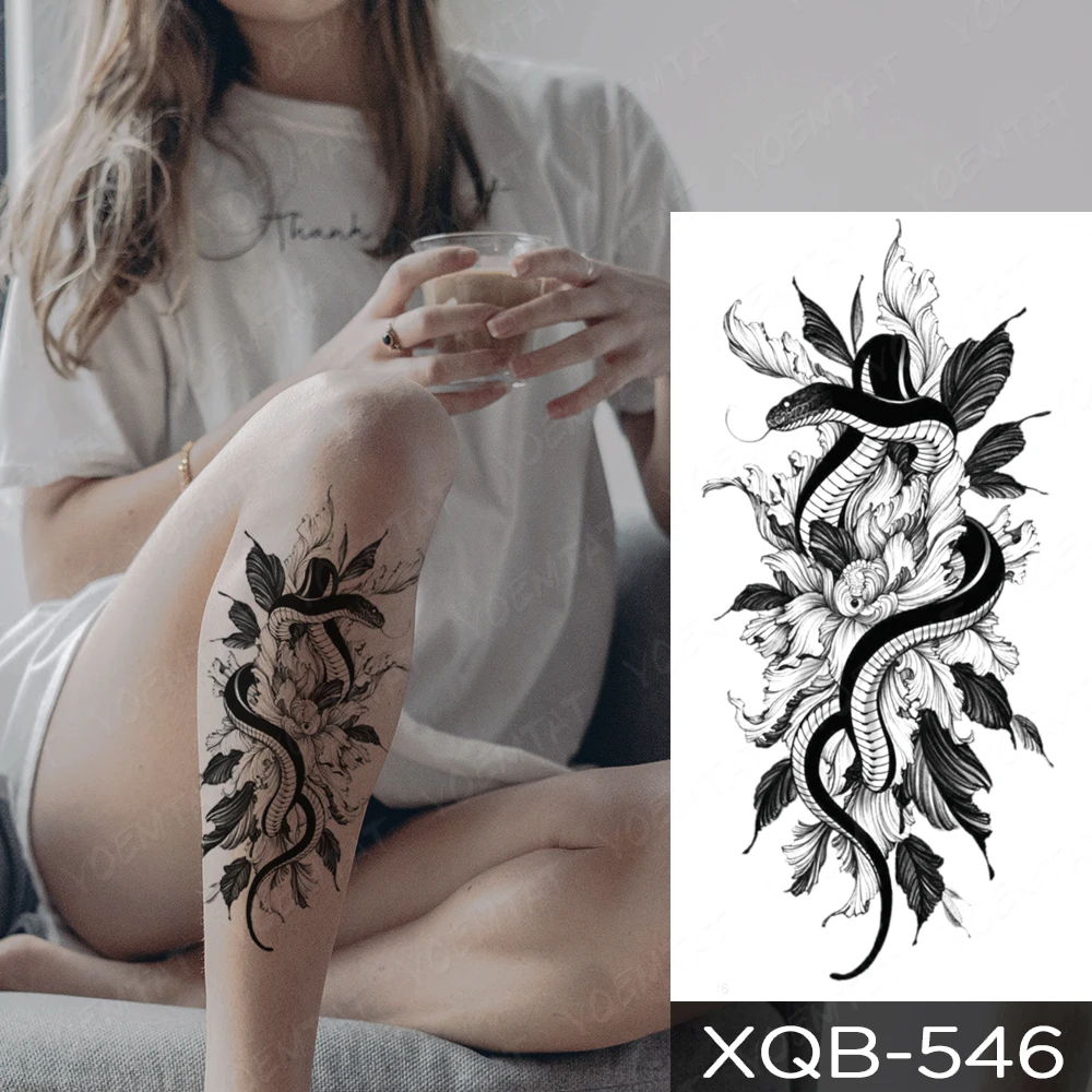 

Black Snake Transfer Waterproof Temporary Tattoo Sticker Dragon Peony Rose Flower Flash Tatto 3D Body Art Fake Tattoos Women Men