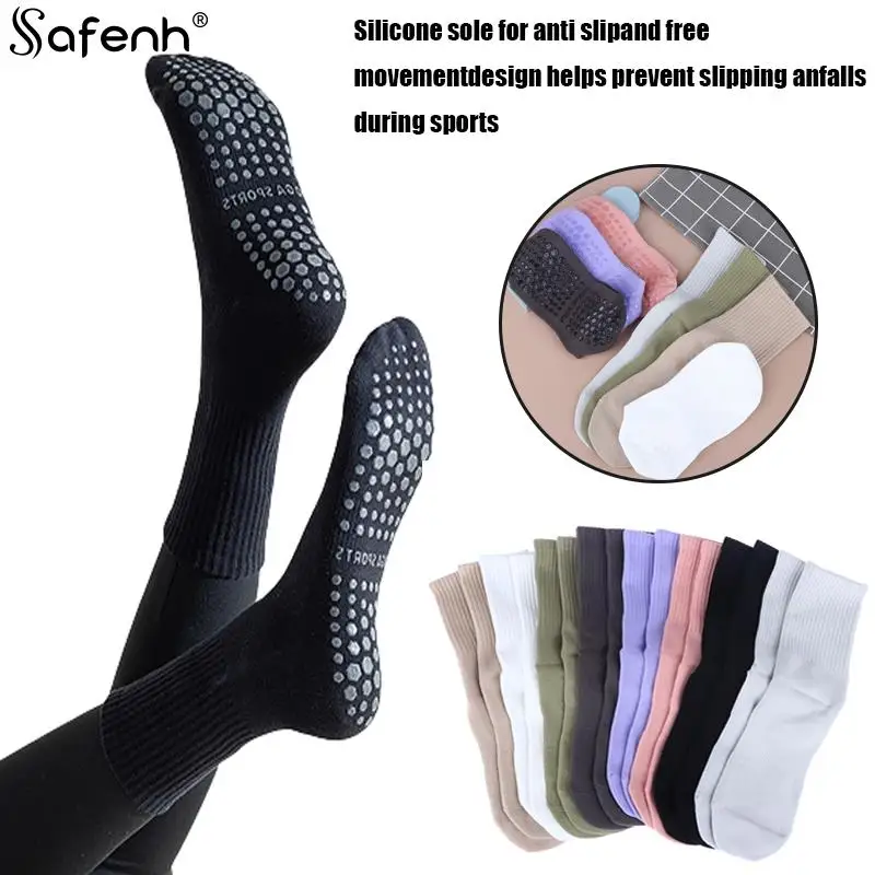 

1pairCotton Breathable Mid-calf Yoga Socks Solid Color Striped Anti-slip Sports Socks Pilates Socks Dance Fitness Training Socks