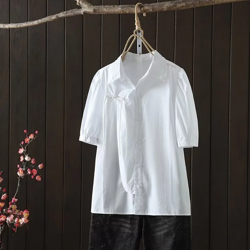 

Cotton white shirts and blouses for women summer turndown collar short sleeve Chinese buttons basic shirts ladies tops