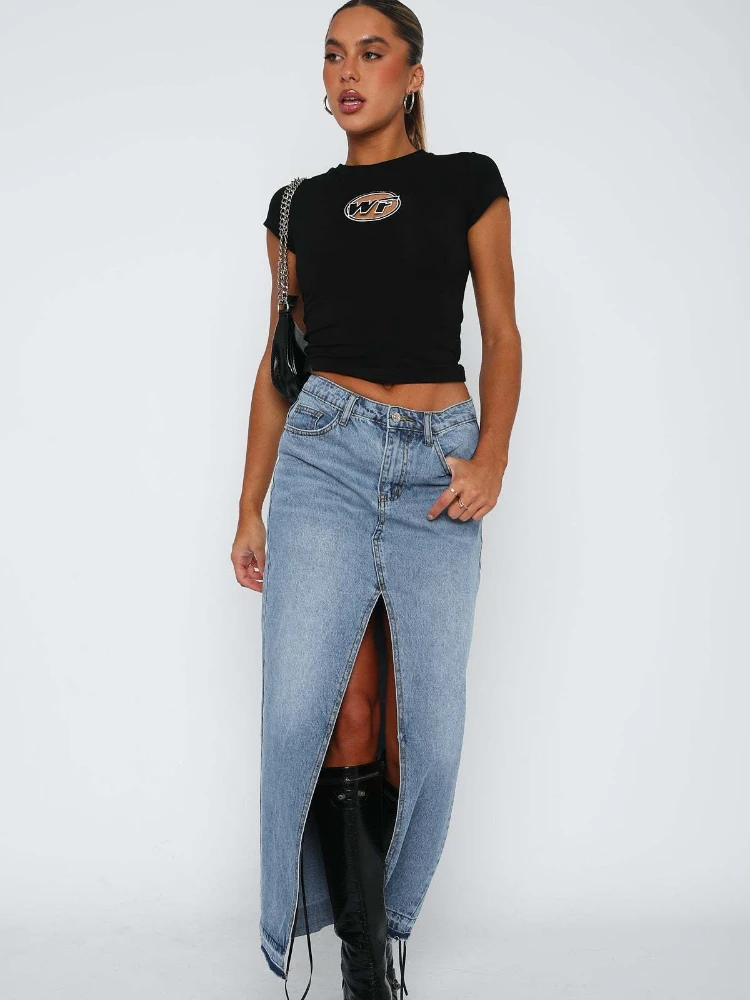 

Blue Vintage Denim Skirt Sexy Long Skirt Women Jeans Streetwear High Waist A Line Midi Skirt with Slit Front Female Clothes