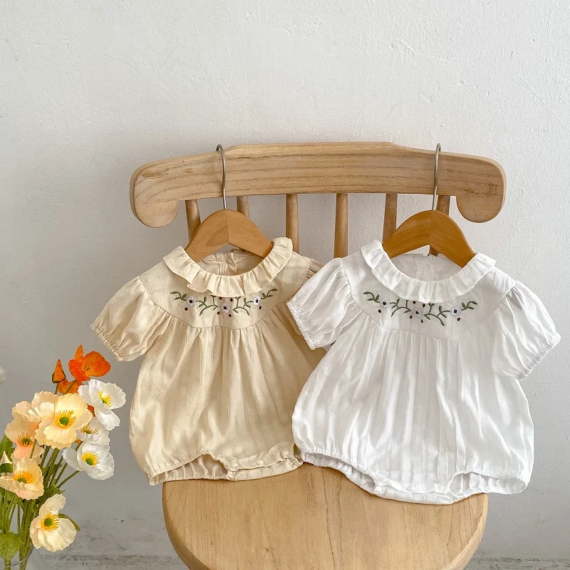 

Baby Girl Romper 2023 Summer Newborn Girls Short Sleeve Ruffles Collar Embroidery Flower Cotton Bodysuit Outfits Sunsuit Clothes