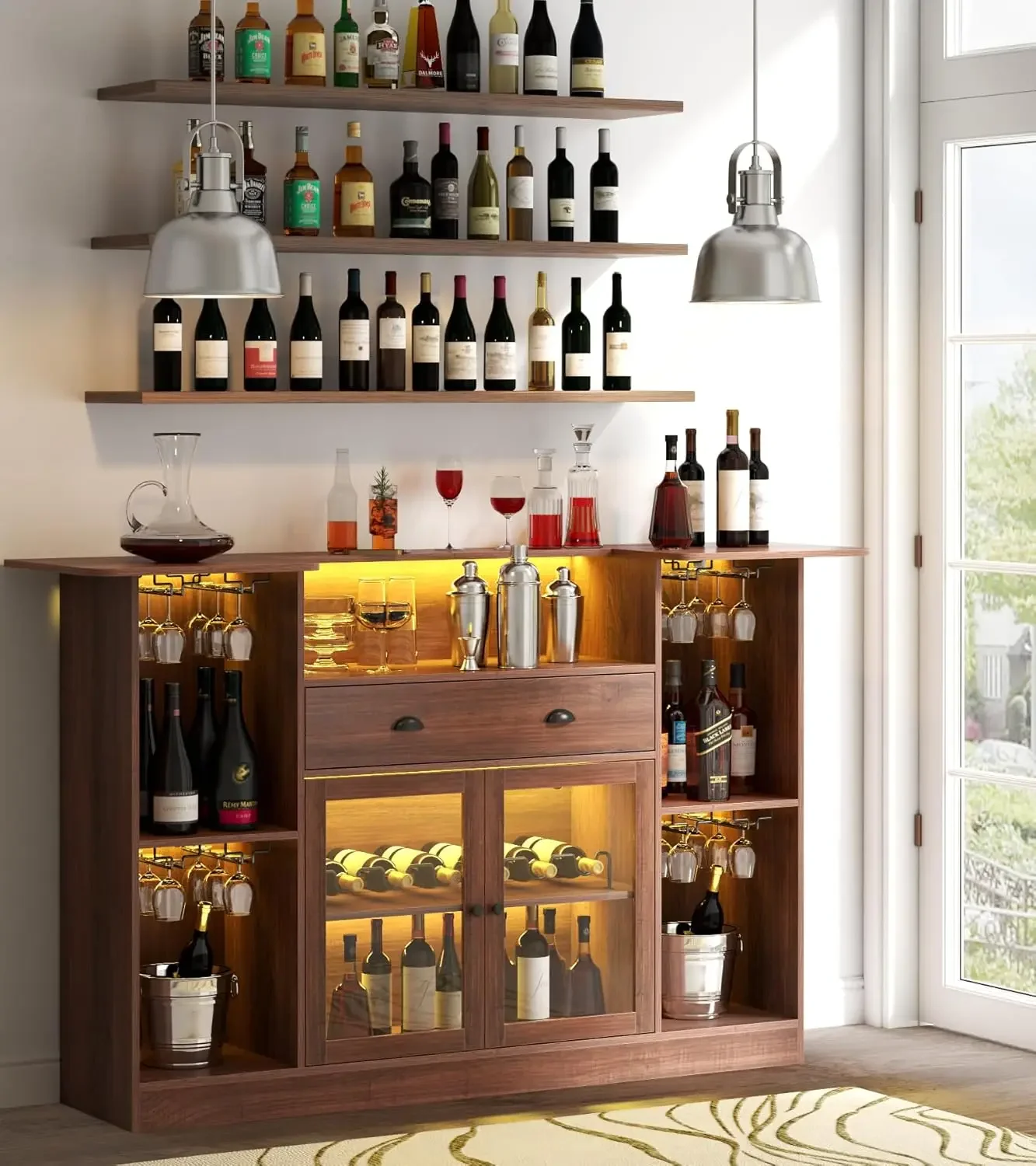 Mini Liquor Bar Cabinet, with LED & Drawer,Wine Alcohol Bar Stand with Glass, 8-Tier Storage & Stemware Holder