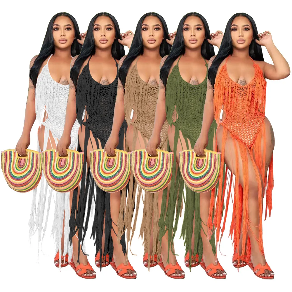Knit Rib Tassel Bodysuit Rompers Sexy Fishnet Halter Lace Up V Neck See Through Jumpsuit Women Summer Beach Wear Dress for Women