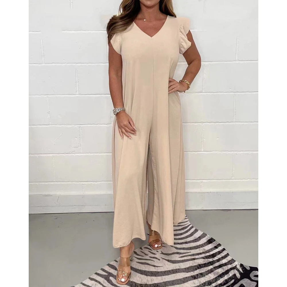 Summer Women Ruffle Sleeve V-Neck Wide Leg Jumpsuits Female Casual Solid Color Sleeveless Jumpsuit Loose One-pieces Outfits y2k
