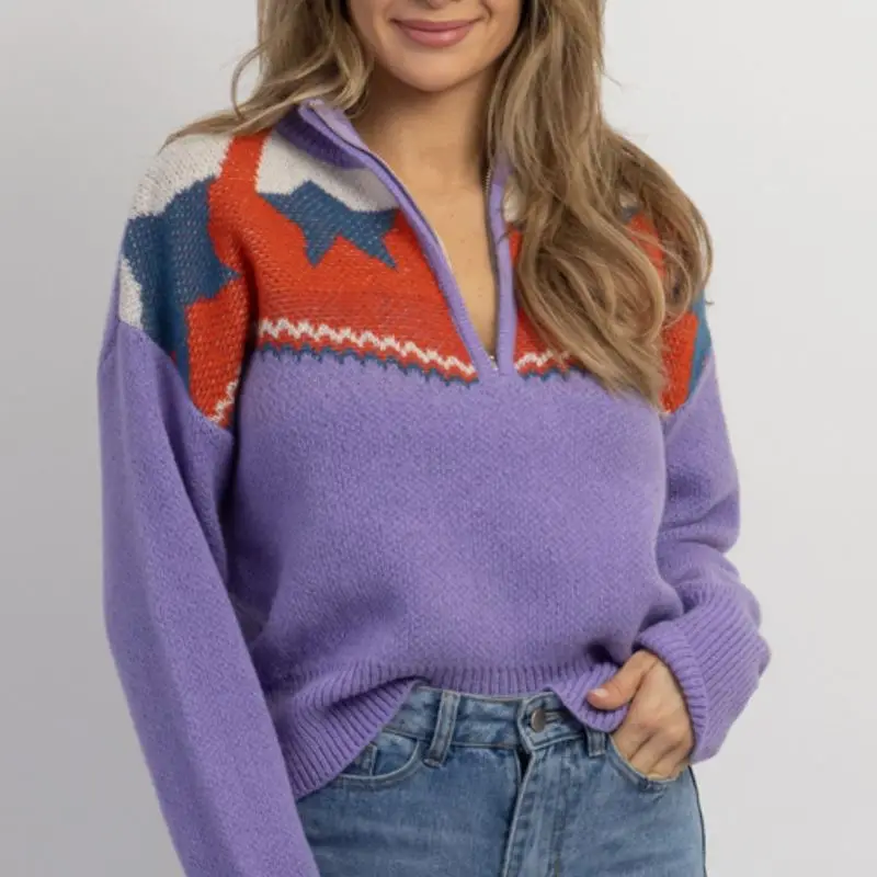 

Printed Jacquard Contrast Knitted Sweater Stand up Neck Zipper Half Open Pullover Popular