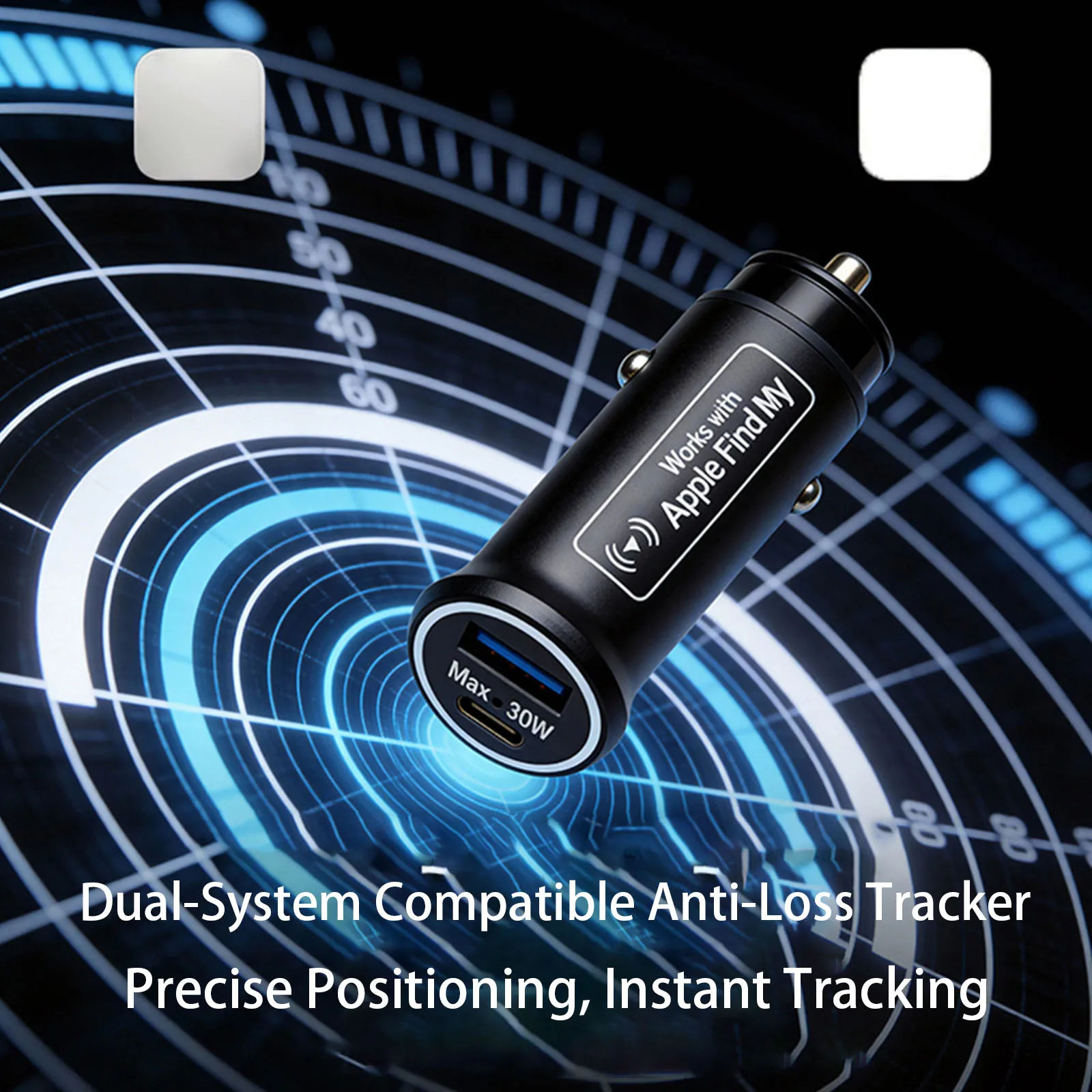 2-in-1 30W USB 차량용 범용 충전기 라이터 플러그 앤 플레이 BT 분실 방지 장치는 iOS 및 안드로이드용 Find My 및 안드로이드 앱과 호환됩니다.