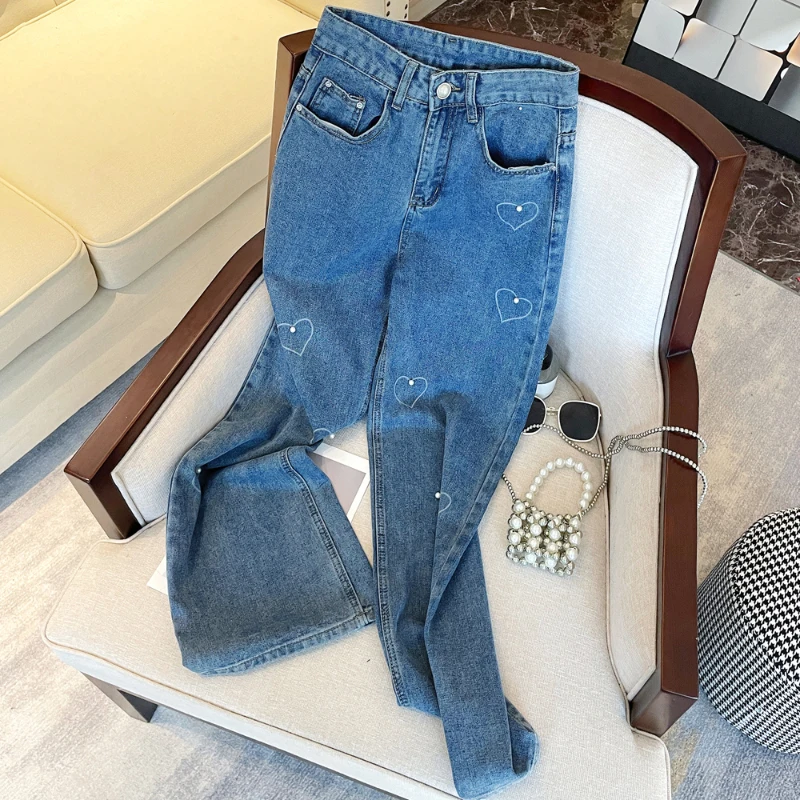 Women's Denim Pants Korean Style Solid Color High Waist Ankle-Length Straight Wide Leg Jean Pant for 18-24 Years Old