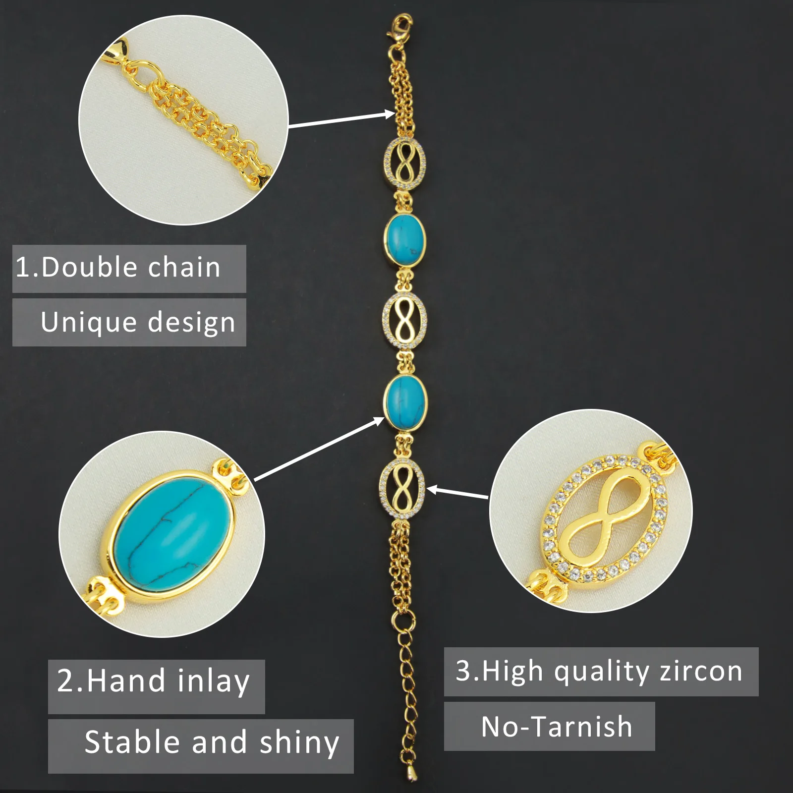 Dubai Gold Farbe Manschette Armband 18 Karat vergoldet elegante Türkis Armreifen arabische afrikanische Frauen Mode Vintage glänzenden Schmuck – Detail 7