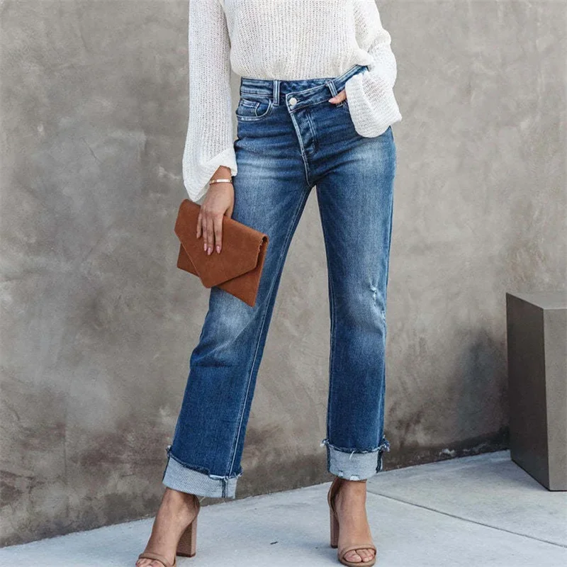 Women High Waist Slant Buckle Splice Straight Jeans Broken Holes Casual Denim Pants New Female Office Commuter Washable Trousers