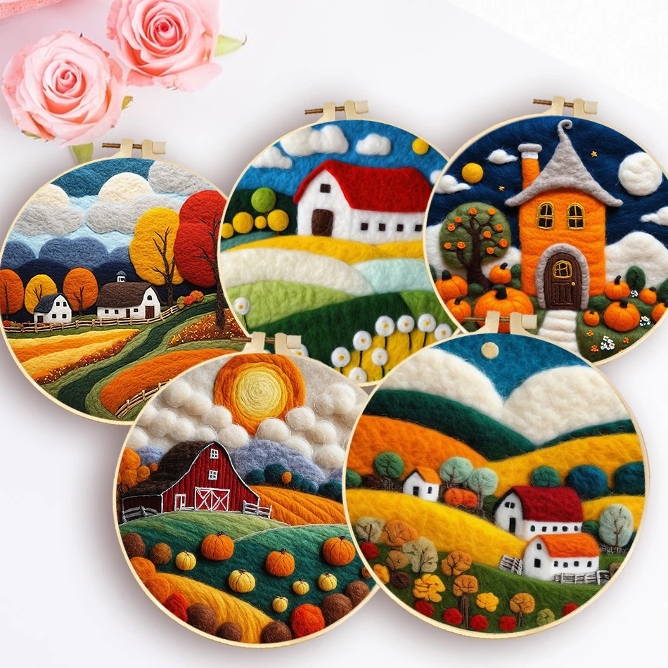 Wool Felting Kit 20x20cm Frame with Painting DIY for Beginner Landscape Needle Wool Handcraft