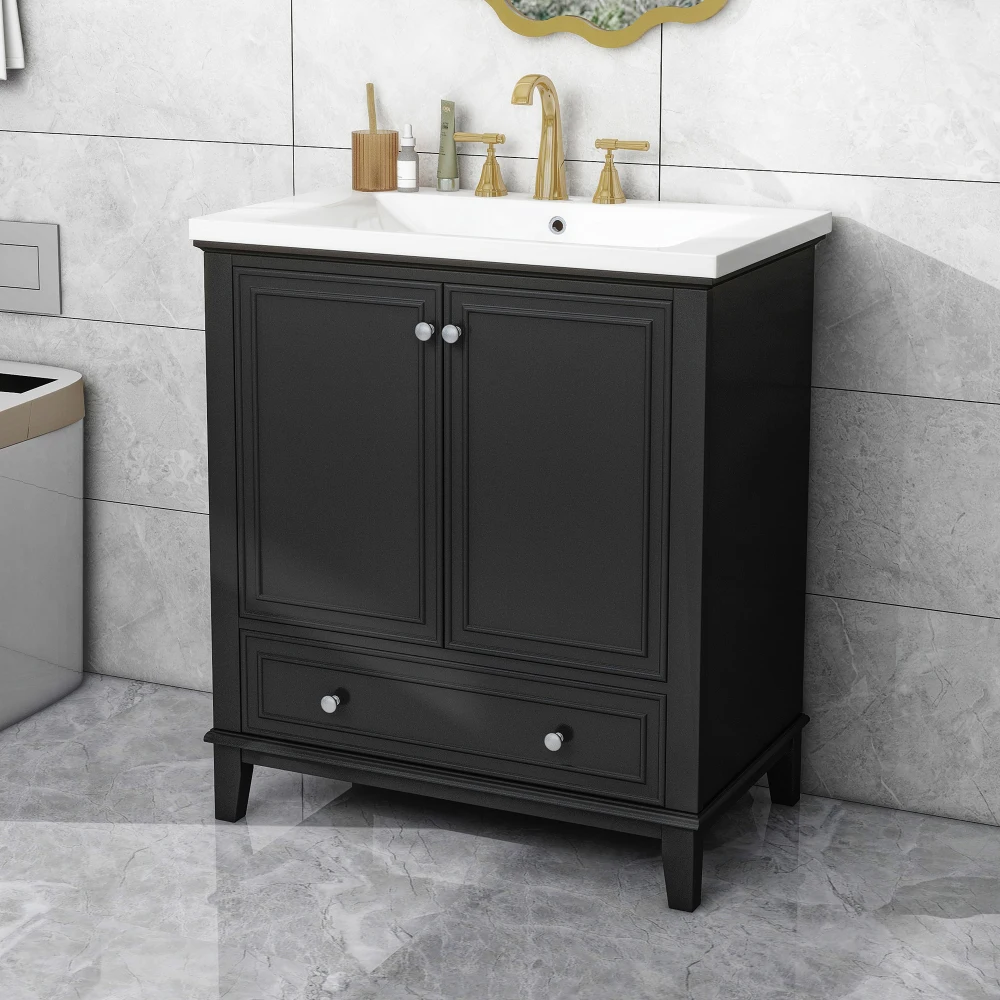 30" Bathroom Vanity with Sink Combo, Multi-functional Bathroom Cabinet with Doors and Drawer, Solid Frame and MDF Board, Black 3